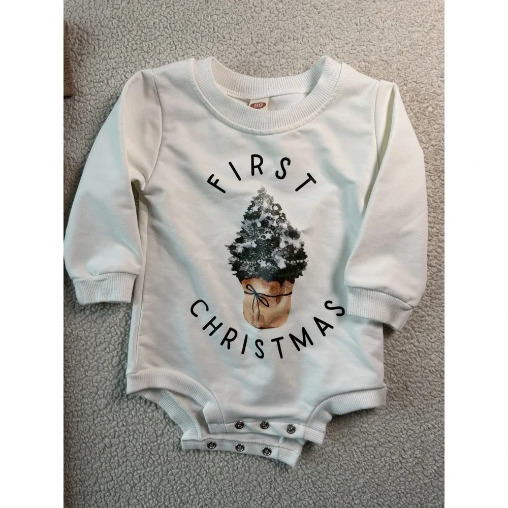 Auro Mesa 2 Pc Baby Outfit Set Brown Cable Knit Pants White First Christmas